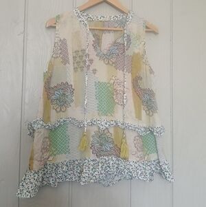 Hummingbird Multicolor Floral Patchwork Sleeveless Blouse Tassels Size Medium